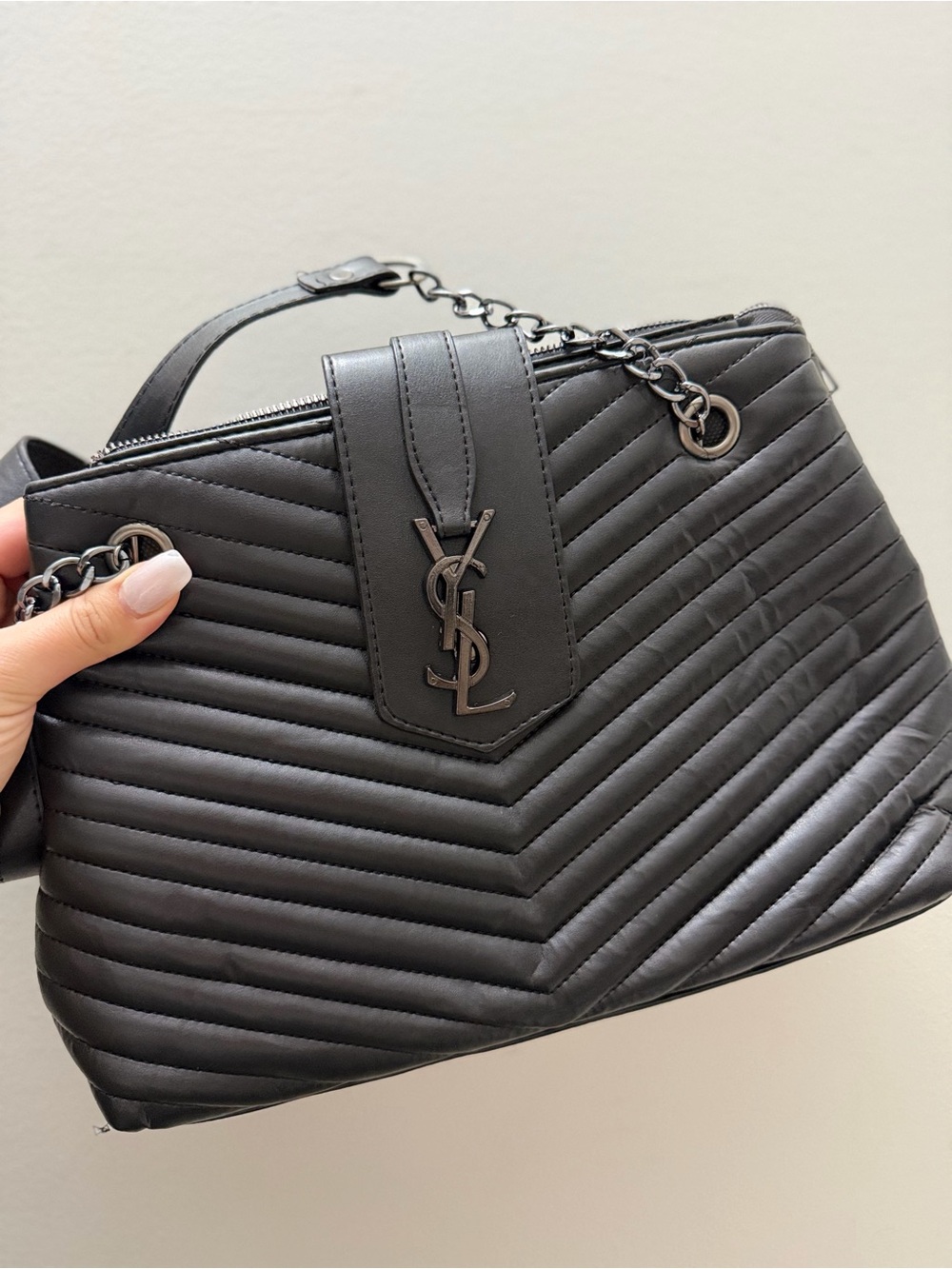 Saint Laurent Black Chevron Quilted Leather Shoulder Bag with Chain Strap